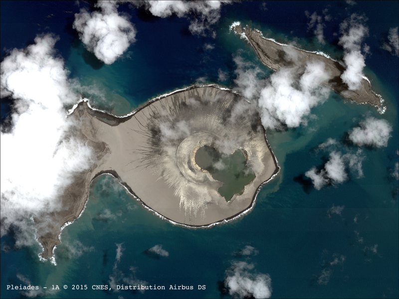 A high-resolution satellite image of Hunga Tonga-Hunga Ha’apai right after it formed, in January 2015. Image: Pleiades-1A ©2015 CNES Distribution Airbus DS